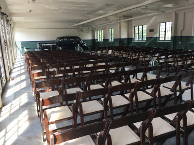 brown folding chairs in Lodge Garage at the Packard Proving Grounds Historic Site